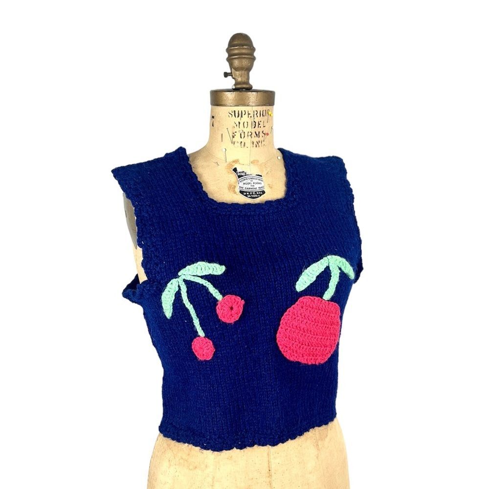 Handmade Knit Cherry Cropped Square Neck Sleeveless Sweater